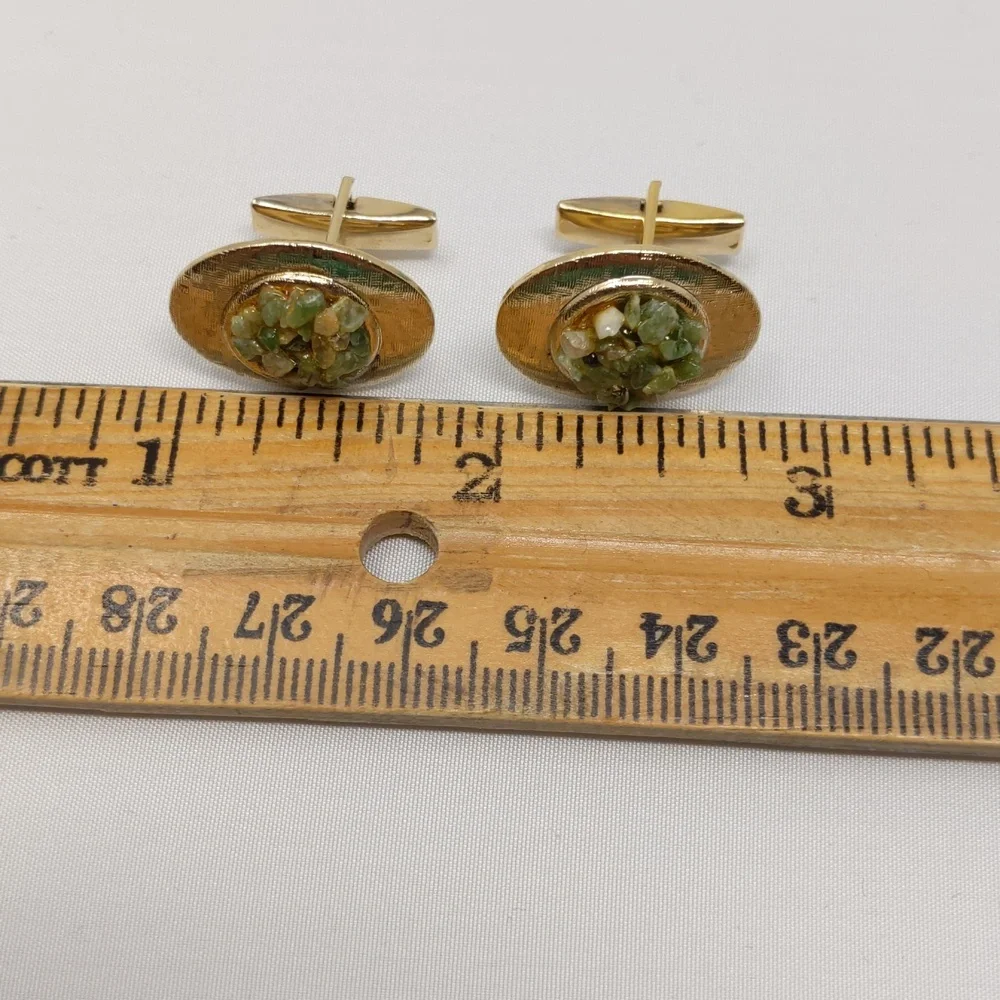 Cuff Links Gold Tone Textured Oval Shape Green Stones